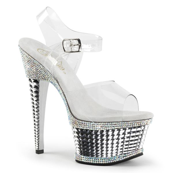 ILLUSION-658RS silber Durchsichtige Sandalette mit strassbesetztem silber verchromtem Plateau